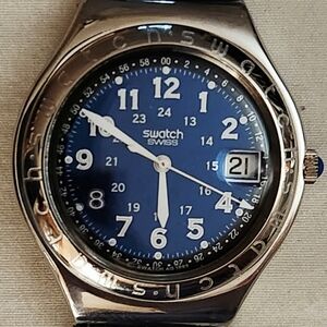 Swatch Irony Happy Joe Blue 38mm Silver Tone Quartz Date Watch w/Band & Battery